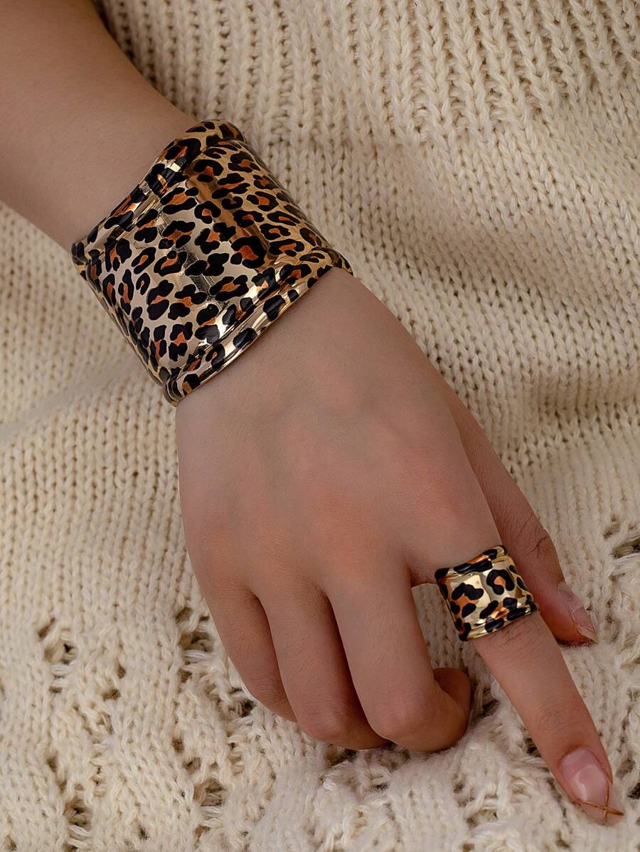 1 Set Animal Leopard Print Cuff Bangle Chunky Ring Bracelet Set For Women