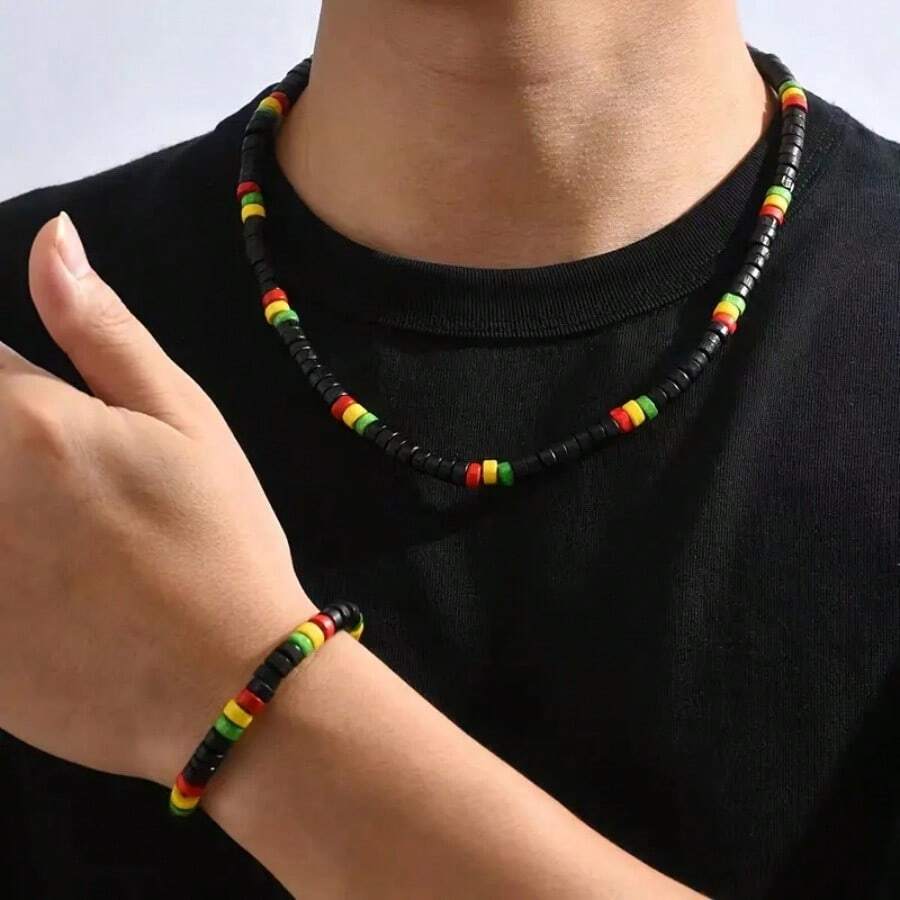 2pcs Bohemian Colorful Wooden Beads Chain Men's Necklace And Bracelet Set - Multicolor - View 1