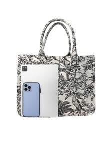 High-Capacity Woolen Fashion Plaid Texture Tote Bag With Animal And Plant Patterns - Black - View 6