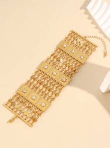 1入復古寬銅合金手鏈鍍金，鑲嵌水晶/人造珍珠，適合女性日常佩戴和節日禮品 - 金黃色 - 查看 9