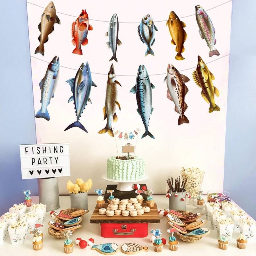 1入組釣魚掛繩，用於黑鱸釣、淡水池塘和海水釣魚比賽裝飾，生日派對裝飾用品