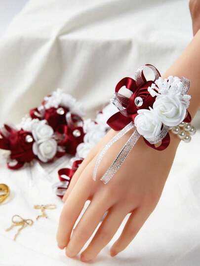 1 Peça Corsage de Pulso para Noiva e Damas de Honra, Corsage de Pulso de Rosa de Seda Bordo Artificial e Pérolas Falsas para Mulher e Menina, Decoração de Casamento, Corsage de Pulso de Rosa de Espuma para Chá de Panela, Baile de Formatura, Cerimônia, Aniversário, Dia dos Namorados