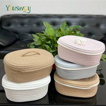 Yiuswoy 1 peça Caixa de Armazenamento à Prova de Poeira com Tampa, Cesta de Armazenamento Trançada Minimalista para Organização de Celulares, Cosméticos, Chaves, Controles Remotos, Lanches, Trabalhos Manuais. Adequado para Banheiro, Sala de Estar, Quarto, Escritório, Dormitório, Decoração de Casa