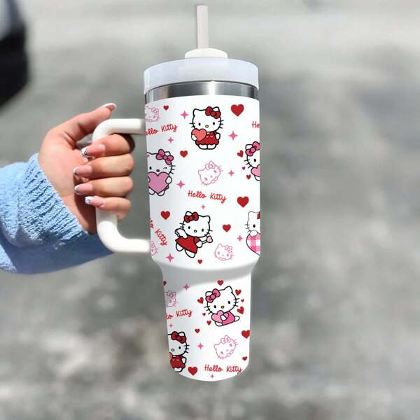Sanrio 1 pieza Botella de agua de acero inoxidable de 40oz con asa, aislada, al vacío, con diseño lindo de Hello Kitty, portátil para viajes al aire libre (con pajita)