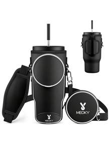 1个氯丁橡胶保温水瓶套，带肩带，便携式饮料套，时尚配饰，粉色图案设计，水瓶保护套 - 黑色 - 查看 4