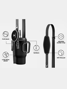 1个氯丁橡胶保温水瓶套，带肩带，便携式饮料套，时尚配饰，粉色图案设计，水瓶保护套 - 黑色 - 查看 5