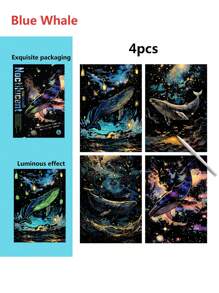 4pcs A4 Scratch Art Cards With 1 Pen, Night Light Effect, Colorful 16K Scratch Paper For Adults, Stress Relief Scratch Painting, Holiday Gift, DIY Scratch Painting Home Decor Back To School
