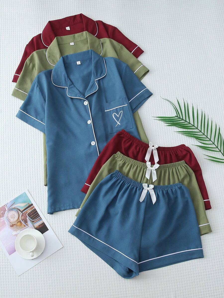 3pcs/Set Summer Women Contrast Trim Polo Collar Pocket Heart Print Short Sleeve Top And Bowknot Shorts Pajamas & Loungewear Set - 彩色 - 查看 1