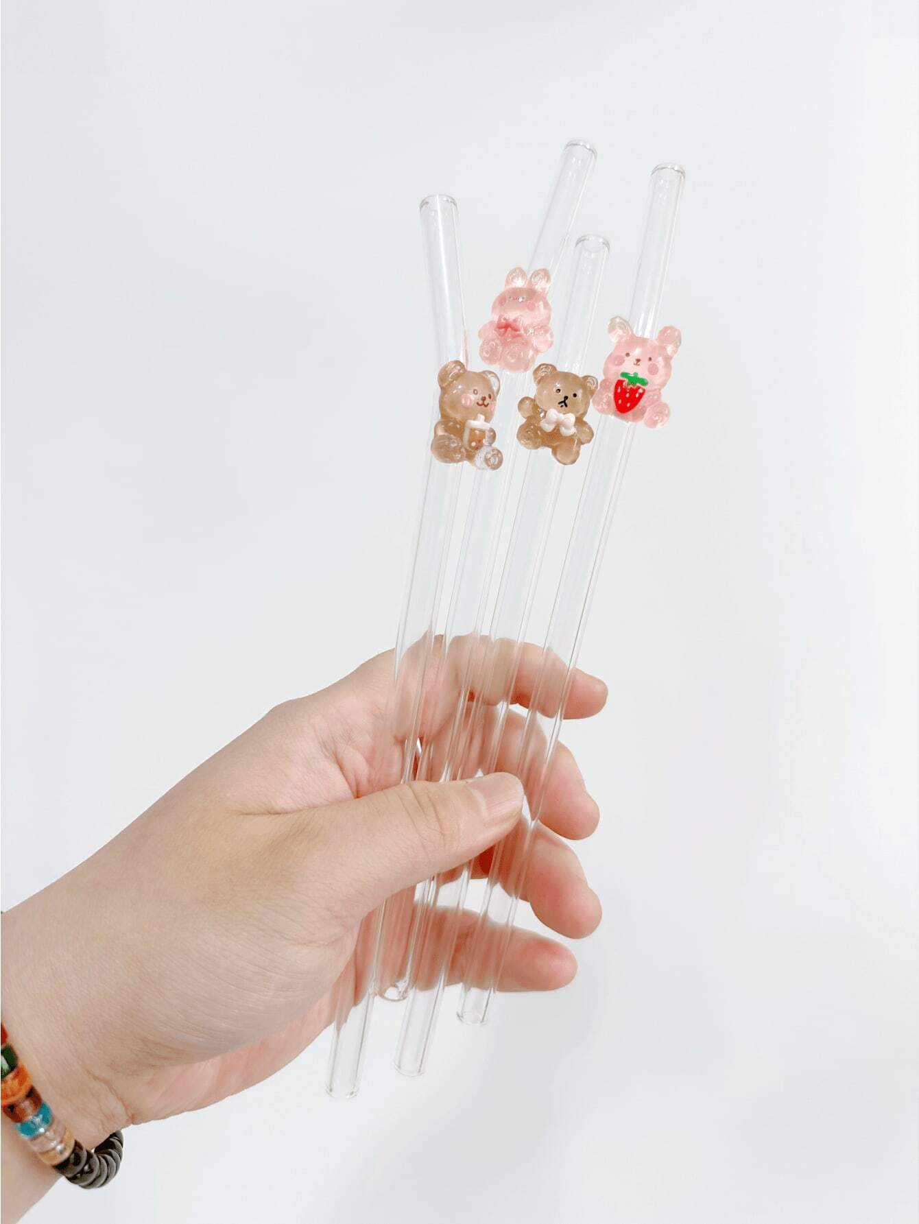 1pc Cartoon Bear Shaped Reusable Bent Glass Straw, Transparent Smoothie
