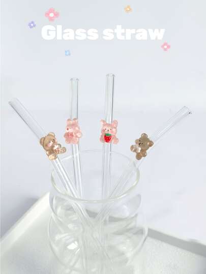 1pc Cartoon Bear Shaped Reusable Bent Glass Straw, Transparent Smoothie, Boba Tea, Juice, Milk Cold Drink Party Decorated Cute Straw,Kitchen,Christmas Gift,School Supplies