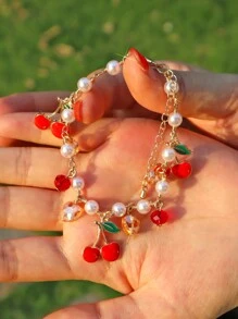 Pulsera de corazón, fresa y cereza con perlas falsas, ideal para el Día de San Valentín - Pulsera de Perlas Love Fresa Cereza - Ver 7