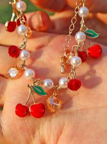 Pulsera de corazón, fresa y cereza con perlas falsas, ideal para el Día de San Valentín - Pulsera de Perlas Love Fresa Cereza - Ver 8