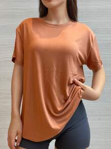 Small Shoulder Drop Short-Sleeved T-Shirt Solid Color Brown Loose Casual Basic T Shirt - Brown - View 2