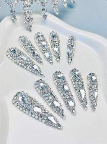 nailrosy 10pcs Handmade Press On Nail Stiletto Almond Extra Long Sliver Nail Gems DIY Rhinestone False Nail Fake Nail Tip Nail Stickers  Y2K Gift Box Included Nail Jelly Gel For Women Birthday Party Wedding Nail Decor Nail Supplies Gold - Bạc - Xem 2