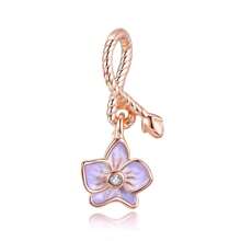 WOSTU 1 pièce Charme de fleur romantique rose violette en argent sterling 925, breloque en forme de cœur de cerisier rose, perles de phalaenopsis, pendentif Tour Eiffel et rose rouge sertis de zircone cubique rose doré, pour bracelet et collier DIY pour femmes. Cadeau pour maman, amie, fille.