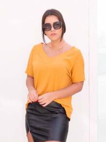 Kit 2 V-Neck Blouse In Plain Viscolycra Comfortable Loose Oversized Short Sleeve Women's Fashion Summer - 芥末 - 查看 2