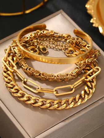 4pcs/Set Gold Plated Stainless Steel Women's Chain Bracelets Bangle Set, Fashionable And Simple, Suitable For Daily Wear