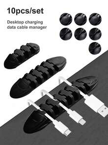10pcs Multifunctional Soft Rubber Cable Clips For Desktop Wire And Data Line Management, Cable Organizer With Silicon Cord Protector - Black - View 3