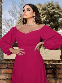 Vestido Elegante De Hombros Descubiertos Manga Farol Con Abertura En Muslo Para Mujer - Rosa Fucsia - Ver 5