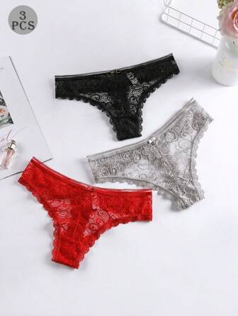 3 件装花卉蕾丝低腰丁字裤性感内衣