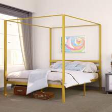 Metal Four Poster Canopy Bed Frame 14 Inch Platform With Built-In Headboard Strong Metal Slat Mattress Support, No Box Spring Needed, Gold, King Size - Black - View 1