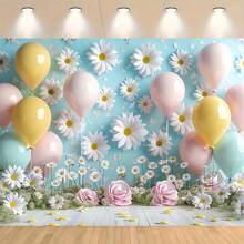 1 Stück Polyester Gänseblümchen Blumen Fotografie Hintergrund mit Makronen Luftballons für Geburtstag, Studiofotoshootings & Mehrzweck Frühling/Sommer Banner Dekorationen - Keine Stromversorgung benötigt, Weihnachten