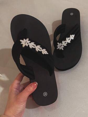 Women's Black Slippers Lightweight Shoes, Summer Outdoor Beach Fashion Sandals, Rhinestone Sandals