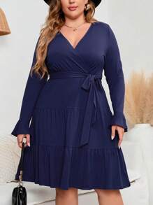 Women Plus Size V Neck Wrap Dress High Waist Ruffle Long Sleeves Casual Midi Belt Dress - 藏蓝色 - 查看 3