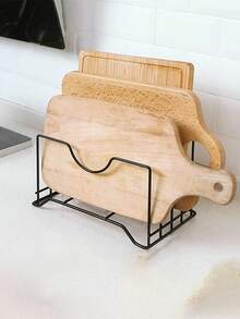 1pc Simple Iron Multi-Layer Pot Lid Storage Rack, Thickened Iron Four-Slot Pot Lid Holder, Kitchen Countertop Chopping Board Storage Rack,Storage,Organizer,Organiser,Kitchen,Travel,Kitchen Items,Kitchen Tools,Kitchen Things. - Black - View 4