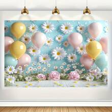 1 Stück Polyester Gänseblümchen Blumen Fotografie Hintergrund mit Makronen Luftballons für Geburtstag, Studiofotoshootings & Mehrzweck Frühling/Sommer Banner Dekorationen - Keine Stromversorgung benötigt, Weihnachten