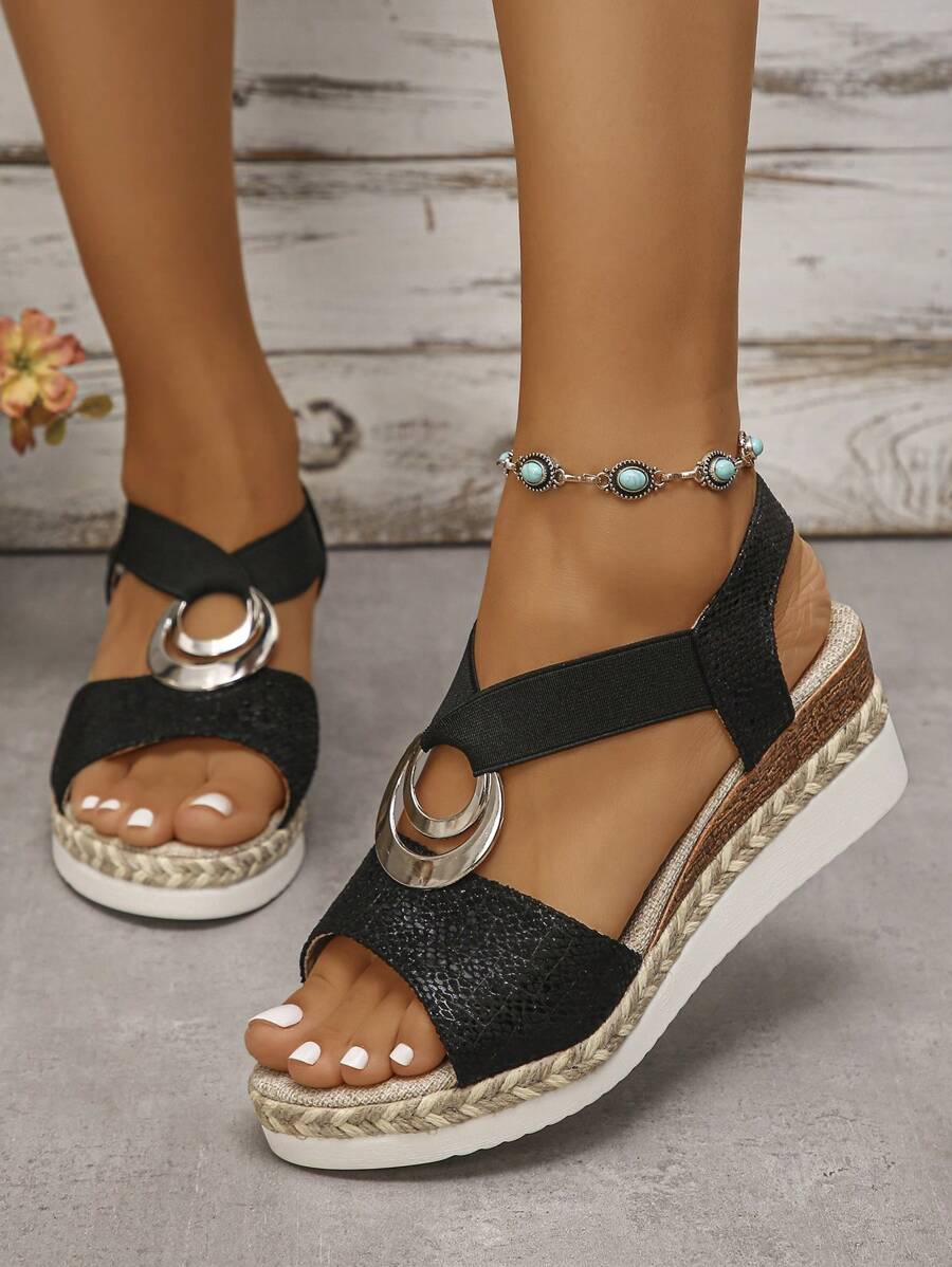 Sandalias de moda para mujer decoradas con anillo redondo para vacaciones en la playa, zapatos de plataforma con cuña trenzada y correa de tobillo, nuevas llegadas de verano 2024, con plantilla transpirable de lino elástico resistente al agua. - Negro - Ver 1