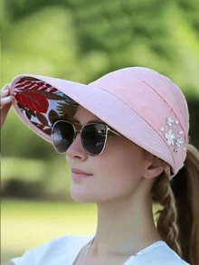 1 pieza Gorras de visera con decoración de flores con cuentas, gorra de sol plegable en unicolor con protección UV para mujer y niña, de moda y adecuado para actividades al aire libre - Multicolor - Ver 6