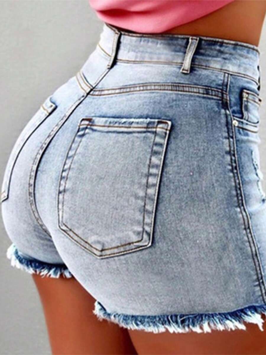 Pantalones Cortos De Mezclilla Elásticos Para Mujer, Shorts en mezclilla de talle alto con botón