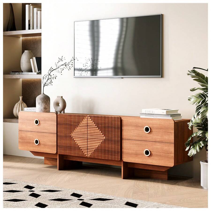 TV Stand For 75+ Inch TV, Mid Century Modern Entertainment Center With 4 Drawers,Storage Cabinet, Large Boho Media TV Console, 66 Inch Long Television Stand For Living Room,Cherry - 櫻桃 - 查看 1