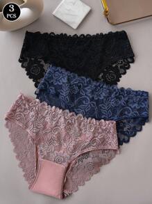 3pcs Women's Sexy Lace Splicing Shell Edge Triangle Panties Set