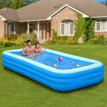 1pc 305CM/120inch Blue And White Inflatable Swimming Pool With Four Rings, Thickened Single Layer Bottom, Square Shape For Family Gathering, Pool Party, Water Party, Party Supplies. - Blue and White - View 3