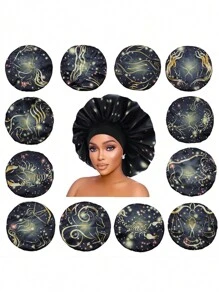 1 pezzo Cuffia in satin con stampa personalizzata delle 12 costellazioni, ampia fascia elastica, cappello da notte, cuffia per doccia, accessori per capelli e prodotti per parrucchiere, salone di bellezza, articoli da viaggio essenziali