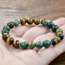 1pc Unisex Tiger Eye & African Turquoise Beaded Bracelet, Confidence & Courage Boosting Jewelry, Stretchable Gemstone Bracelet (7.08"-7.28"), Multicolored Stones Accessory For Men & Women