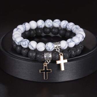 2 piezas Pulsera simple y elegante de cuentas para hombres, Pulsera de piedra volcánica negra y piedra turquesa blanca, Pulsera de moda con Cruz para hombres y mujeres