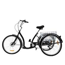 YUNRUX Trójkołowy rower dla dorosłych, 26-calowy trójkołowy (hamulec tarczowy), miejski trójkołowy rower, sześć regulowanych biegów, regulowana wysokość siedziska, z koszykiem, ładowność 120 kg, czarny