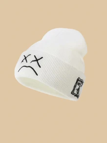 1 pieza Gorro de punto unisex de moda en negro y blanco con patrón bordado de cara triste y letra - Multicolor - Ver 13