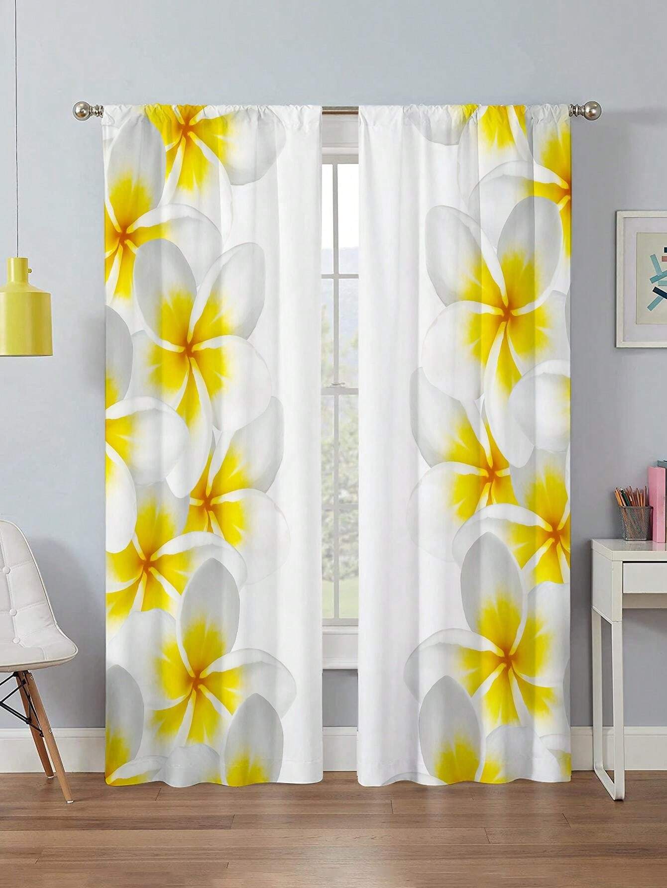 2pcs Elegant Yellow And White Flower Pattern Curtains,Without Holes