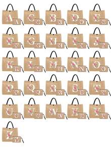 Linen Tote Bag, Including A Printed Initials A-Z Tote Bag And A Printed Small Bag, Black Letters, Flowers, Personalized Gift Package, Yellow Linen Black Tote Bag With Black Buckle, Combination Of Small And Large Bag