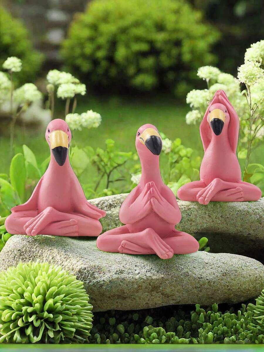 3pcs Mini Yoga Flamingo Statue - Small Gift Whimsical Kawaii Pink Flamingo Table Decor, Set Of 3 Fairy Garden Lawn Statue, Flamingo Gift For Women/Mom/Grandma/Girls - Multicolor - View 1