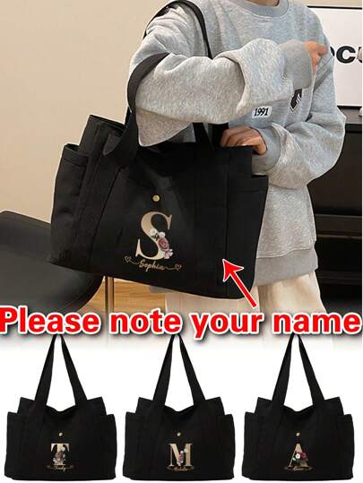 Customized Shoulder Tote Bags A To Z Initials Gold Letter Pattern Canvas Shopping Bag Personal Tailor Women's Large Capacity Organizer Shoulder Bags Grocery Handbags Personalized Reusable Storage Bag Custom Name Pattern Commute Canvas Bag Travel Picnic Bag Beach Ba