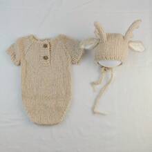 2 件新生儿摄影服装婴儿鹿卡通服装婴儿针织帽裤婴儿摄影道具配件婴儿拍摄服装服装婴儿洗澡家庭装饰礼物，适用于婴儿洗澡复活节礼物，适合女孩/男孩