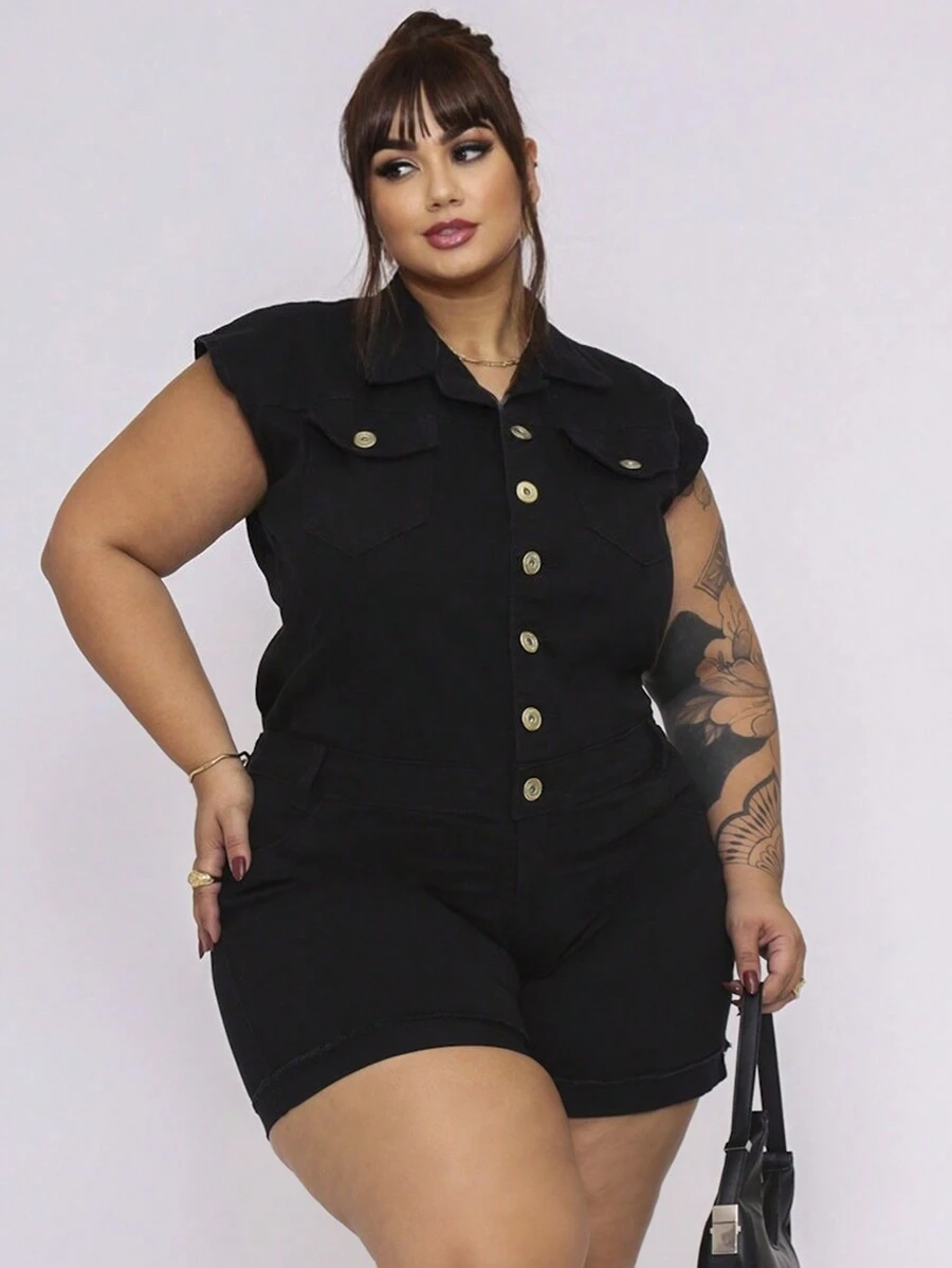 Plus Size Denim Overalls - 黑色 - 查看 1