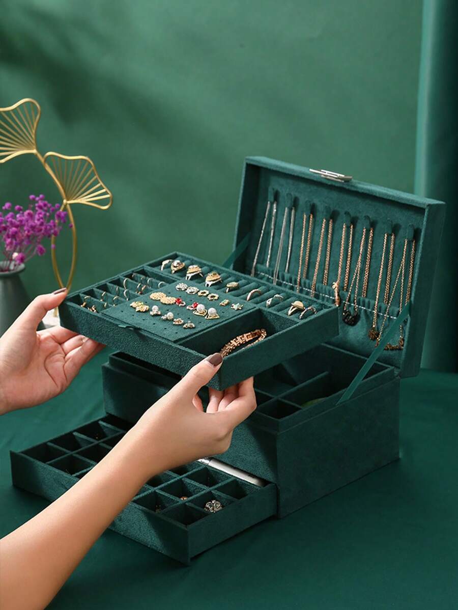 New Luxury Jewelry Storage Box, Elegant Dark Green Color, High-End Delicate Design For Necklaces, Earrings, Bracelets, Large Capacity Multi-Layer Storage Valentine's Day Sun Travel Cool Back To School - 彩色 - 查看 1