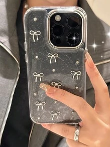 可爱小巧 3D 金属蝴蝶结手机壳适用于 16 15 14 13 12 11 Pro Max Plus 奢华滴胶闪粉外壳新款时尚日韩女孩透明软壳防水防震防摔防刮 - 銀點蝴蝶結 - 查看 1