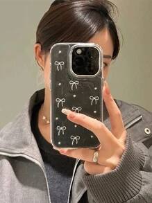 可爱小巧 3D 金属蝴蝶结手机壳适用于 16 15 14 13 12 11 Pro Max Plus 奢华滴胶闪粉外壳新款时尚日韩女孩透明软壳防水防震防摔防刮 - 銀點蝴蝶結 - 查看 2